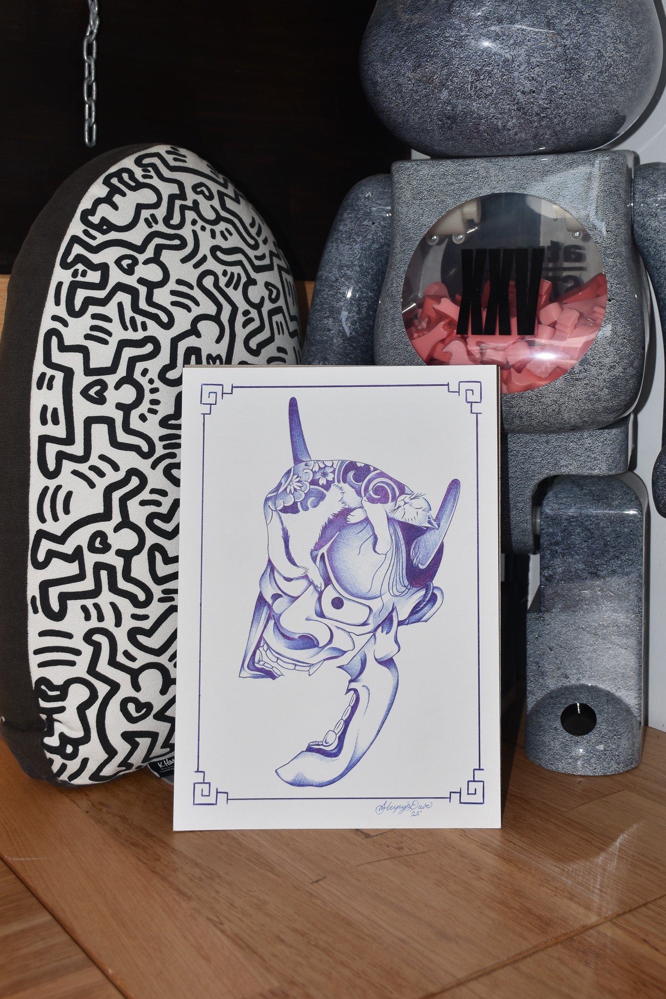 Hannya & Cat - Blue Ballpoint Print