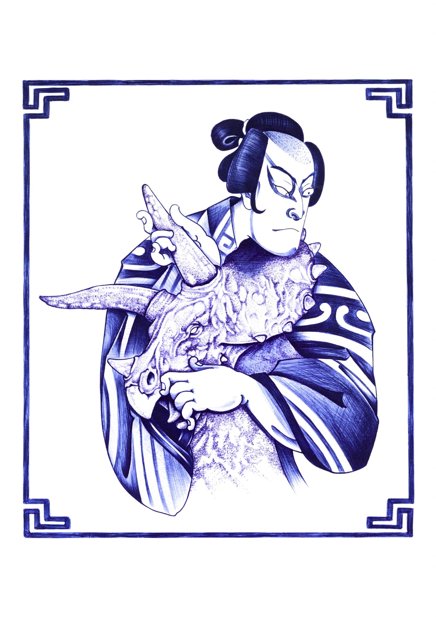 Dino & The Samurai - Blue Ballpoint Print