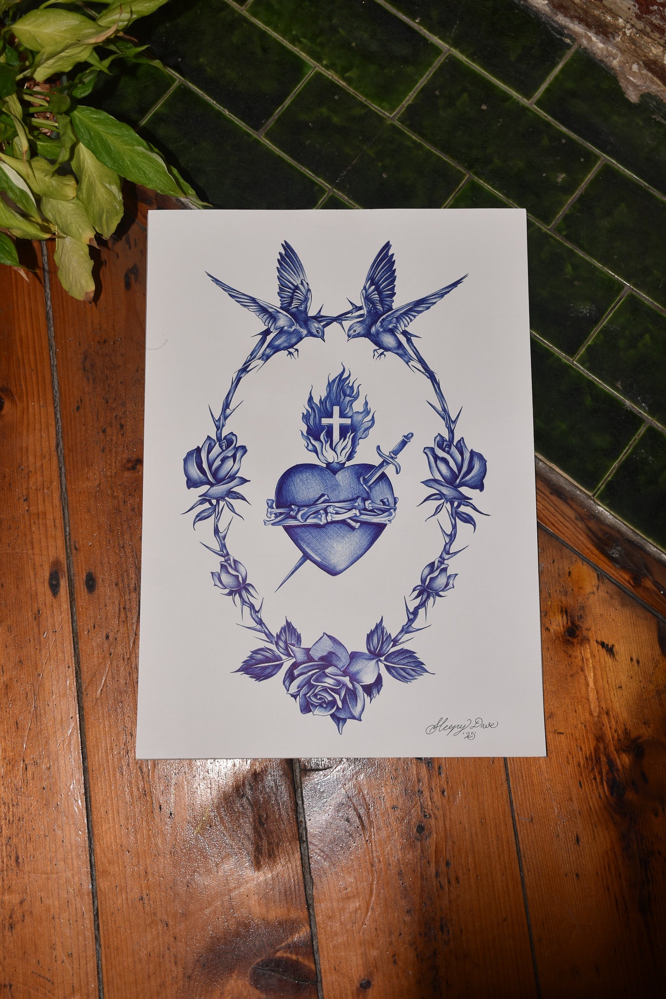 Hearts & Sparrows - Blue Ballpoint Print