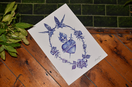 Hearts & Sparrows - Blue Ballpoint Print