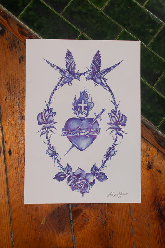 Hearts & Sparrows - Blue Ballpoint Print