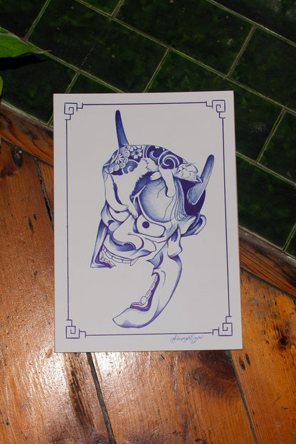 Hannya & Cat - Blue Ballpoint Print