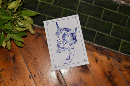 Hannya & Cat - Blue Ballpoint Print