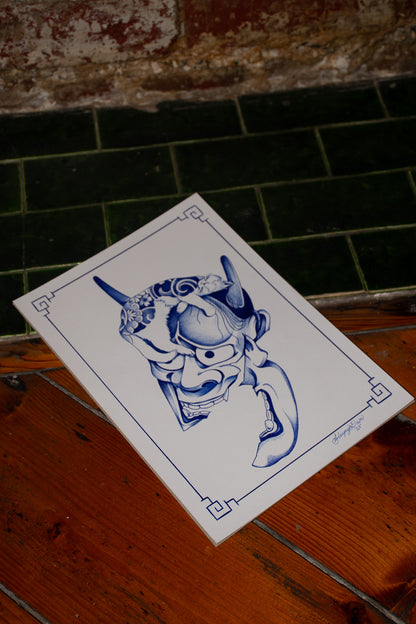 Hannya & Cat - Blue Ballpoint Print