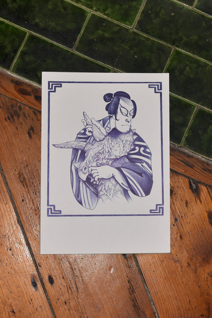 Dino & The Samurai - Blue Ballpoint Print