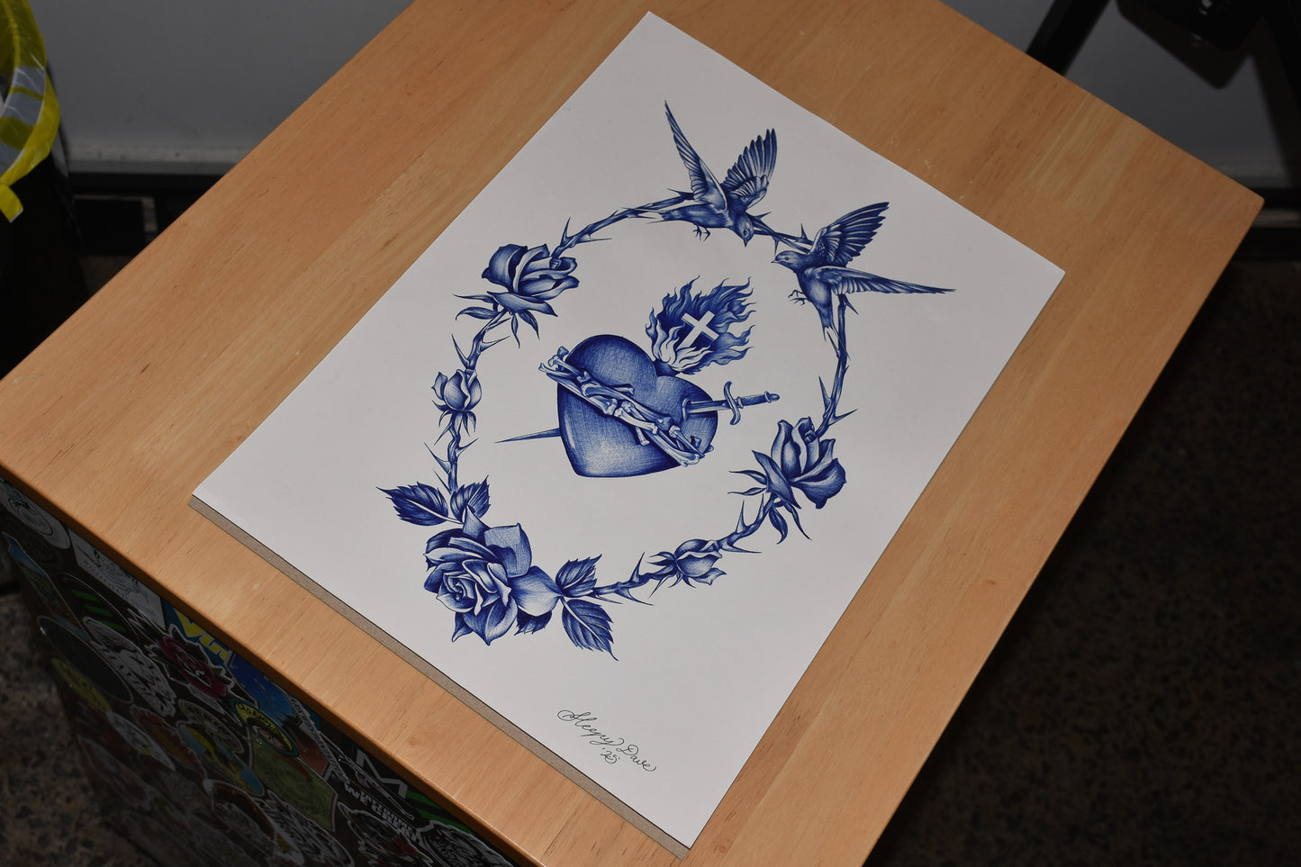 Hearts & Sparrows - Blue Ballpoint Print