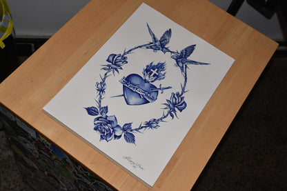 Hearts & Sparrows - Blue Ballpoint Print