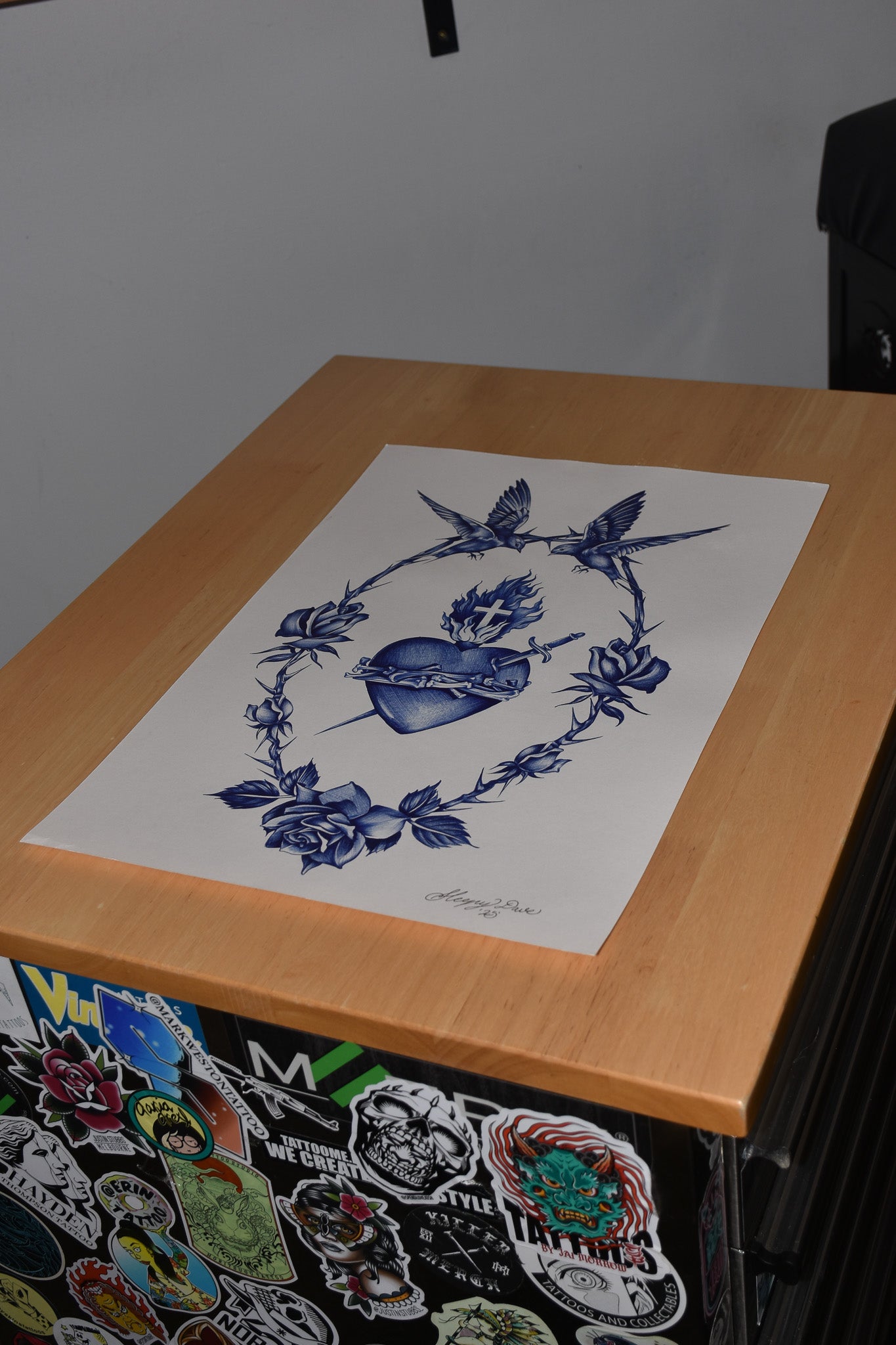 Hearts & Sparrows - Blue Ballpoint Print