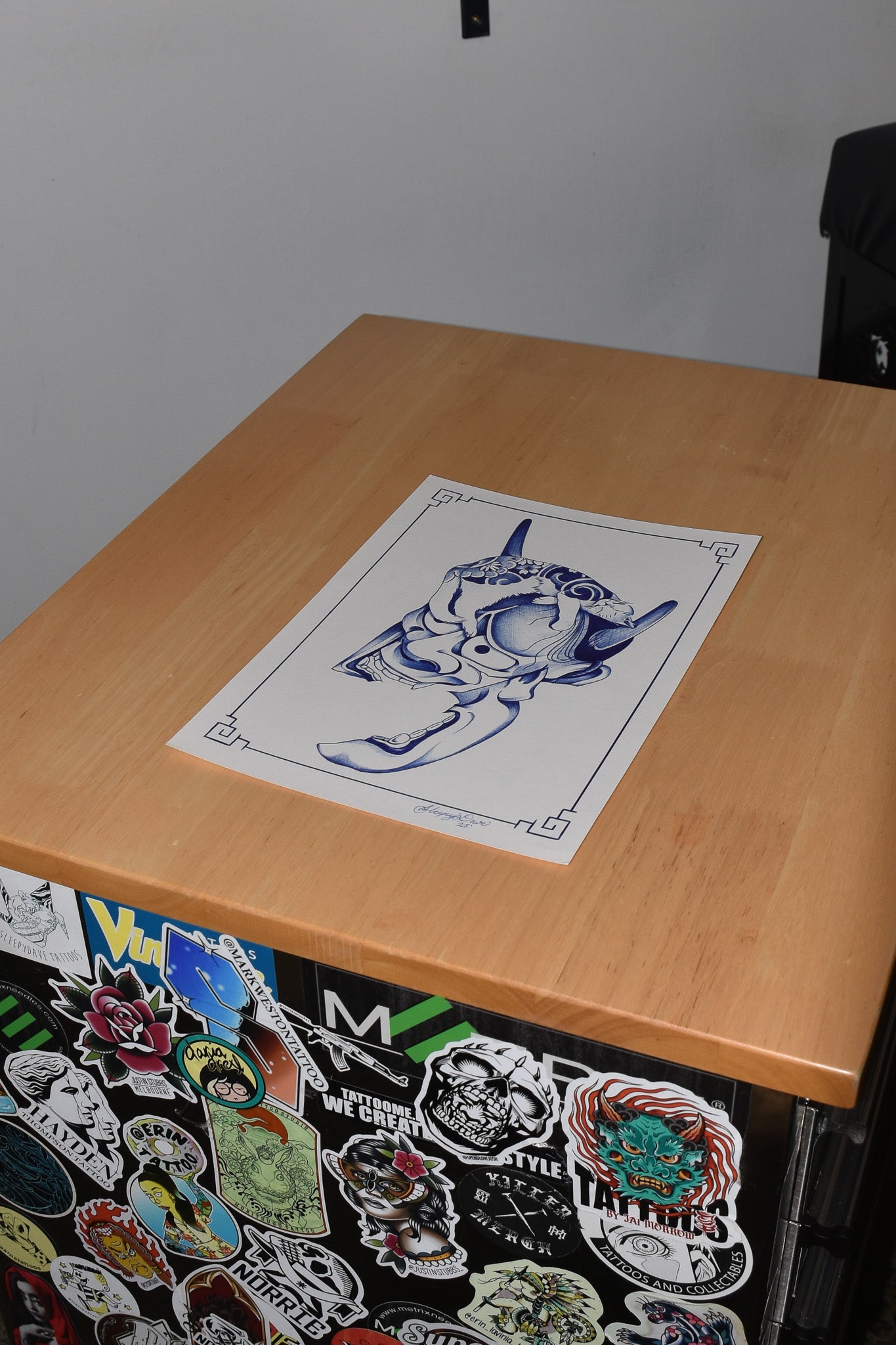 Hannya & Cat - Blue Ballpoint Print