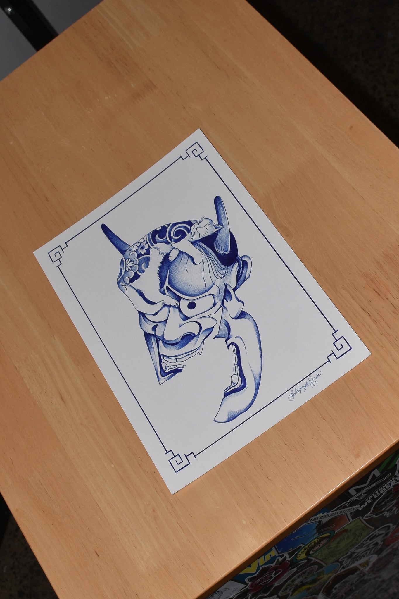 Hannya & Cat - Blue Ballpoint Print