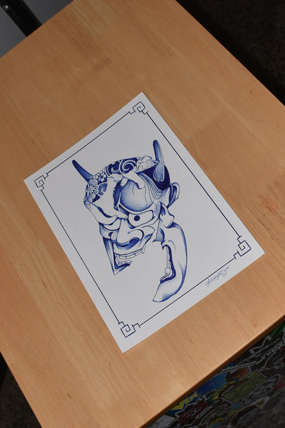 Hannya & Cat - Blue Ballpoint Print