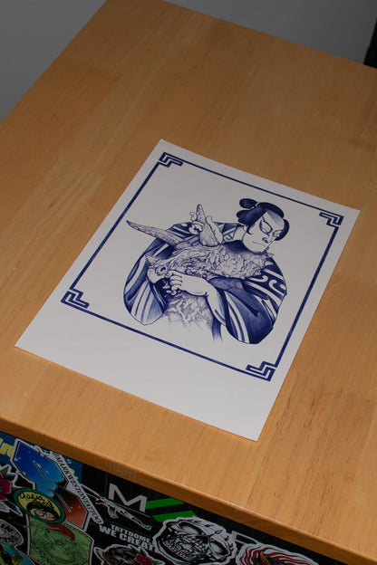 Dino & The Samurai - Blue Ballpoint Print