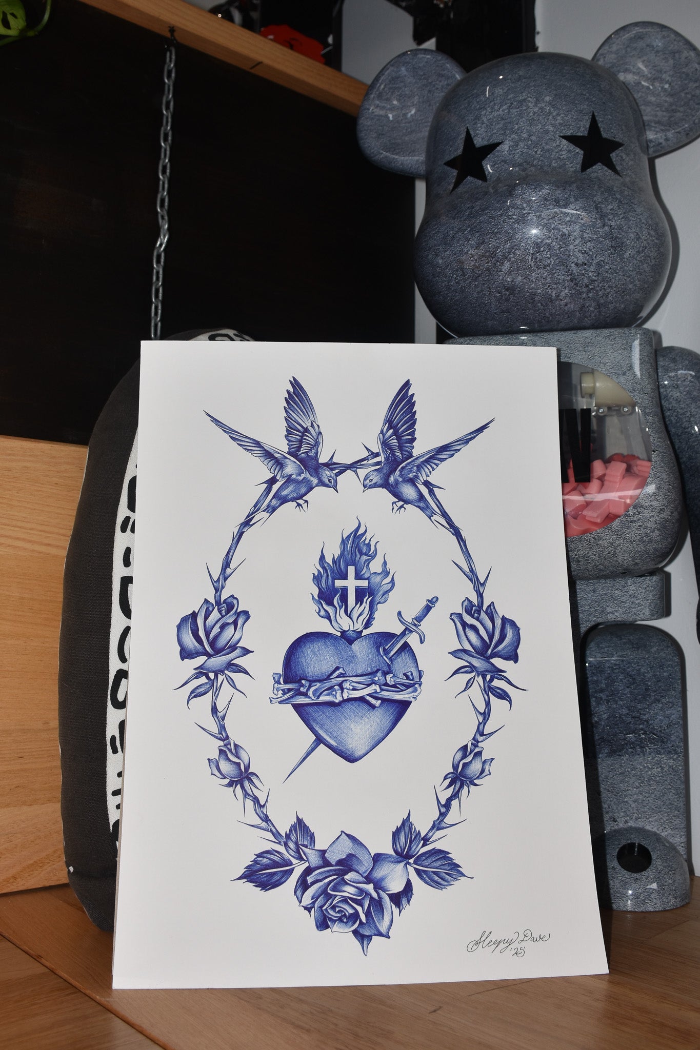 Hearts & Sparrows - Blue Ballpoint Print