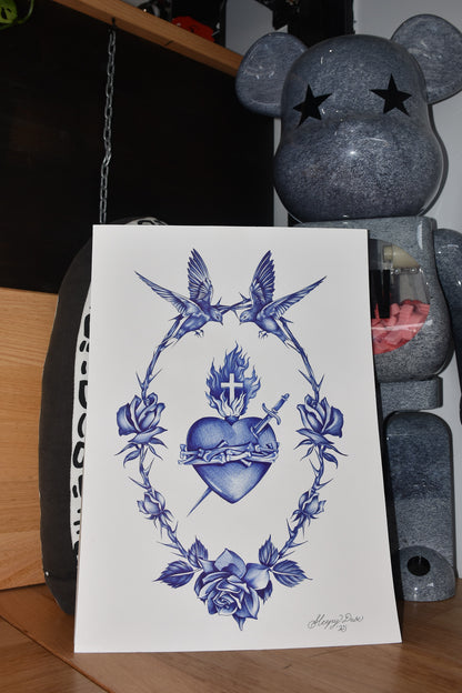 Hearts & Sparrows - Blue Ballpoint Print