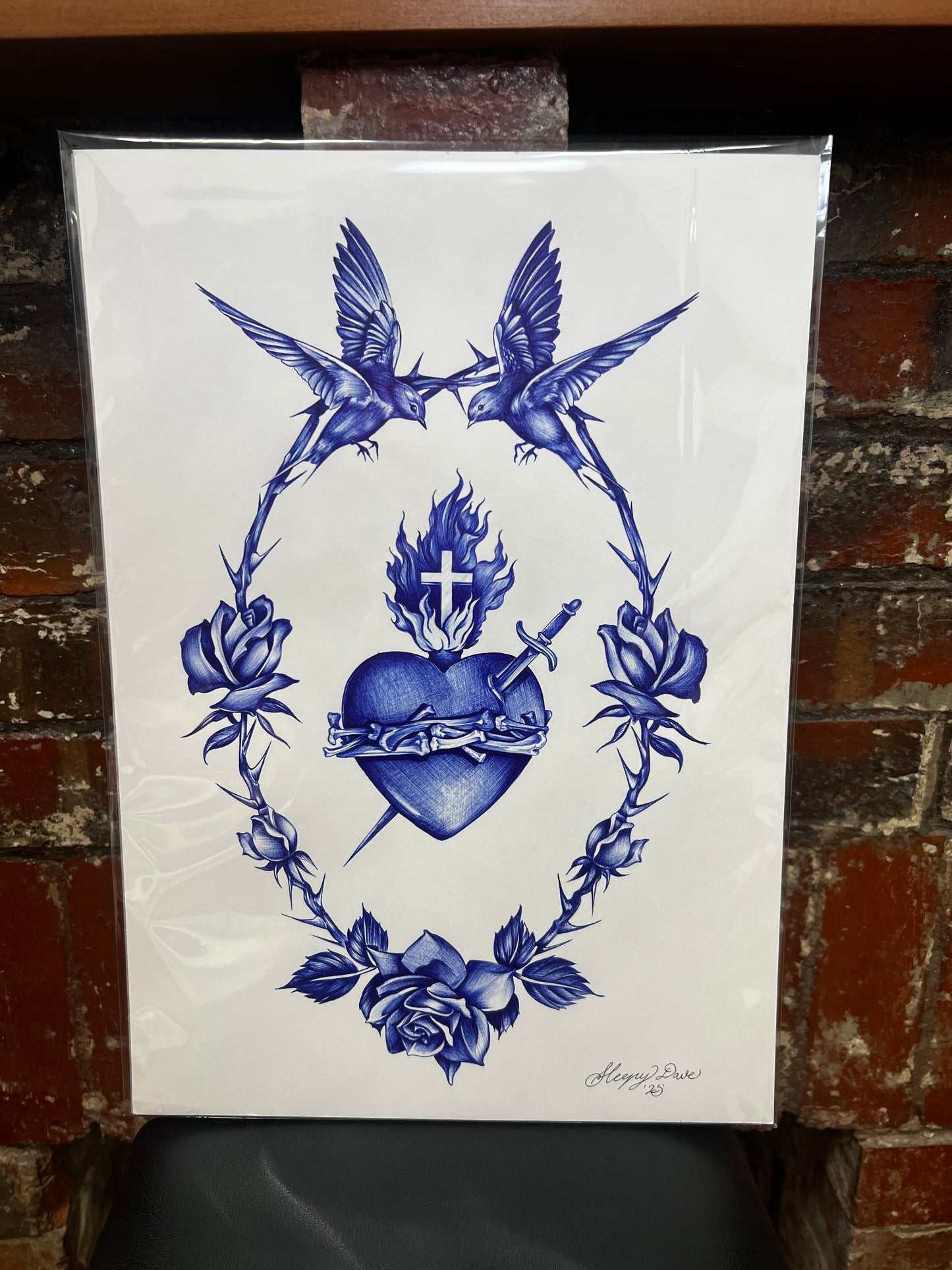 Hearts & Sparrows - Blue Ballpoint Print