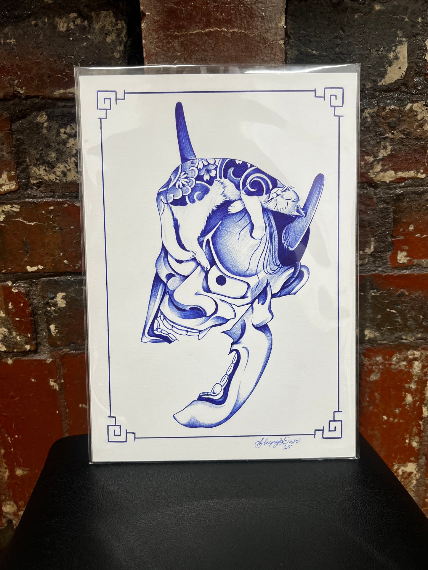 Hannya & Cat - Blue Ballpoint Print