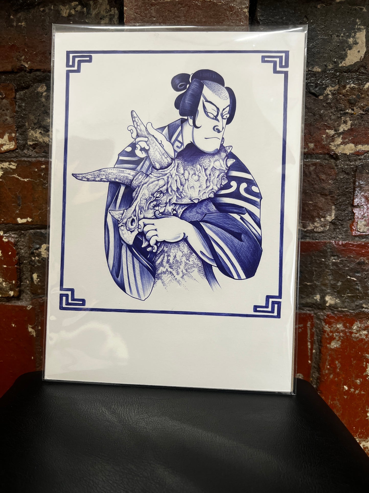 Dino & The Samurai - Blue Ballpoint Print