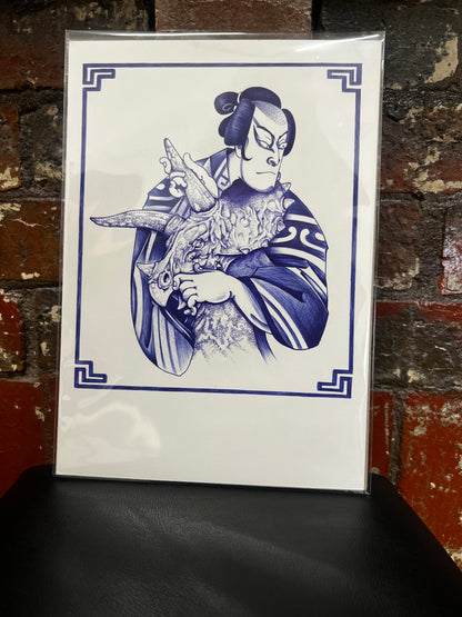 Dino & The Samurai - Blue Ballpoint Print