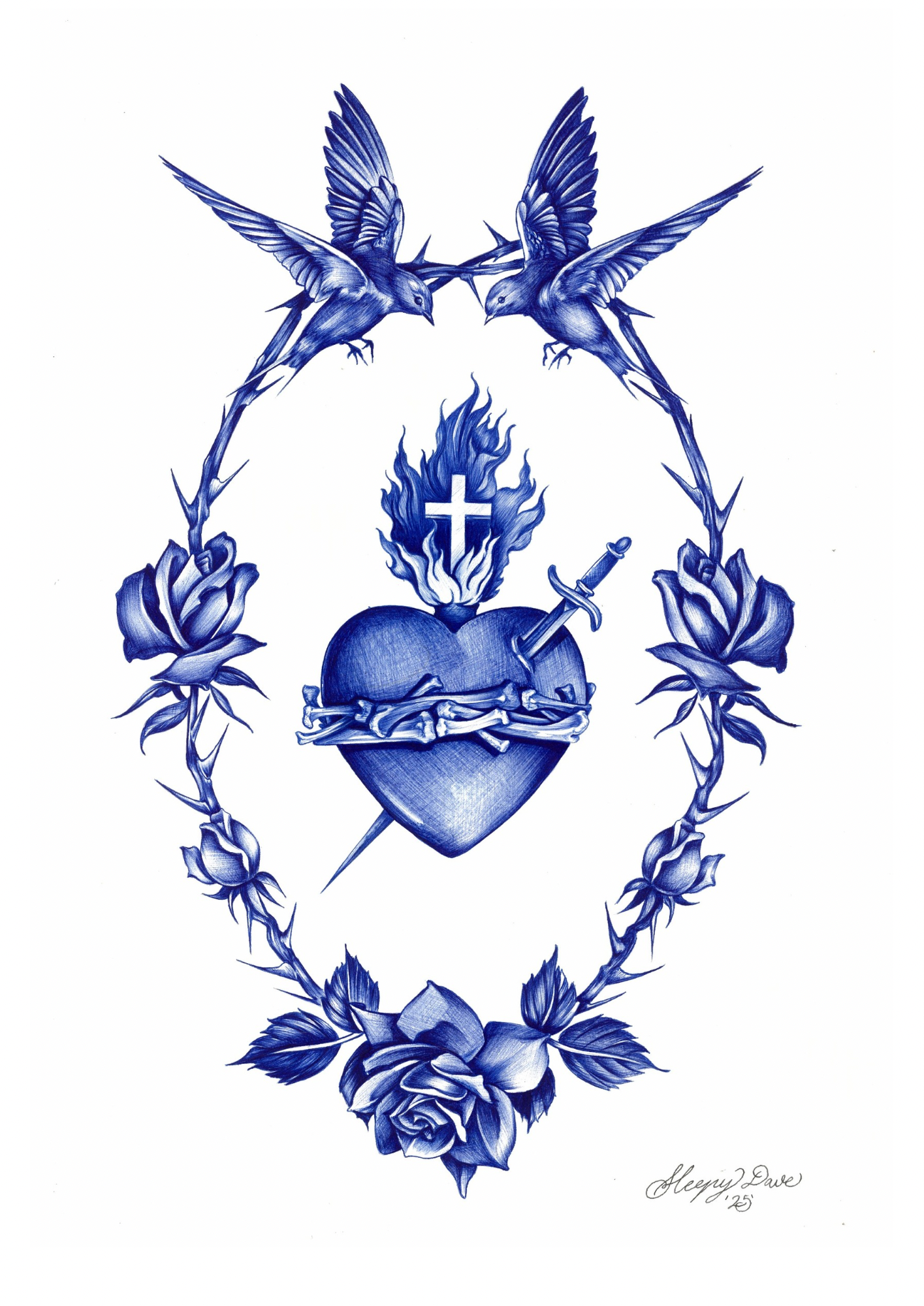Hearts & Sparrows - Blue Ballpoint Print