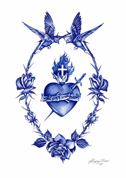 Hearts & Sparrows - Blue Ballpoint Print