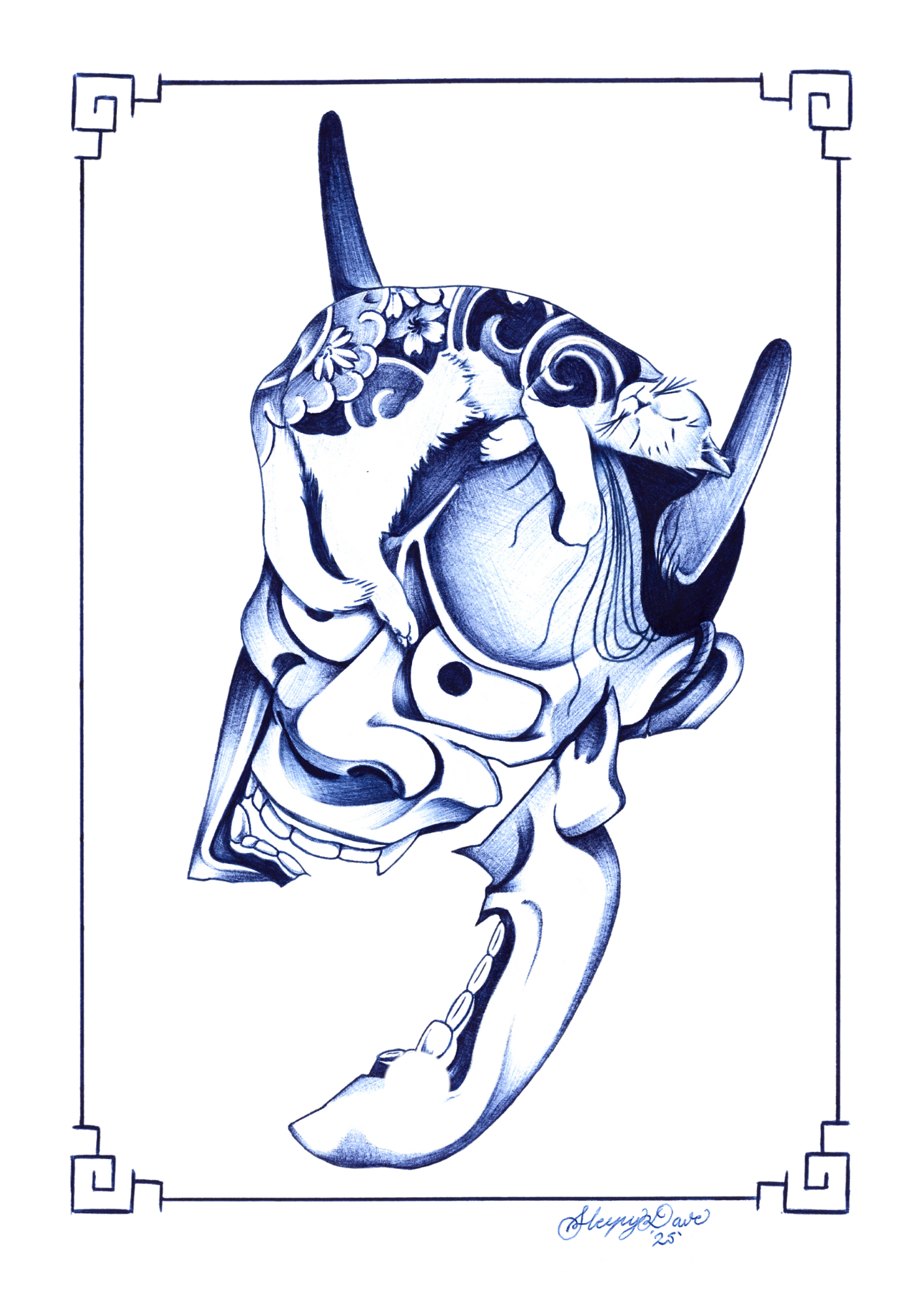 Hannya & Cat - Blue Ballpoint Print