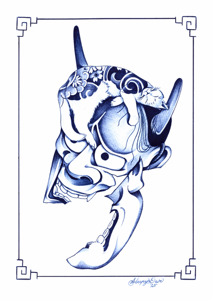 Hannya & Cat - Blue Ballpoint Print