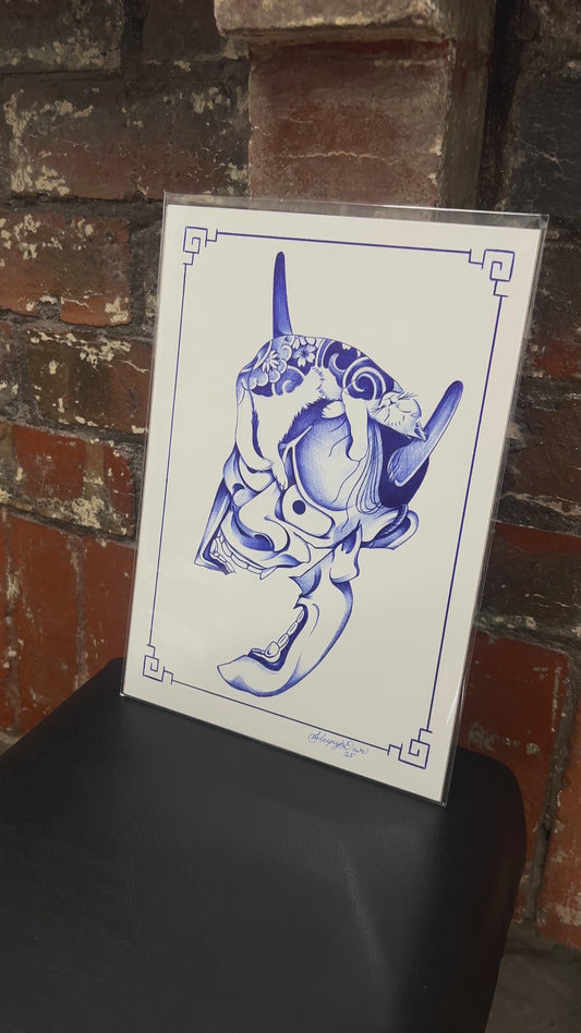 Hannya & Cat - Blue Ballpoint Print