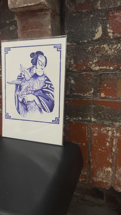 Dino & The Samurai - Blue Ballpoint Print